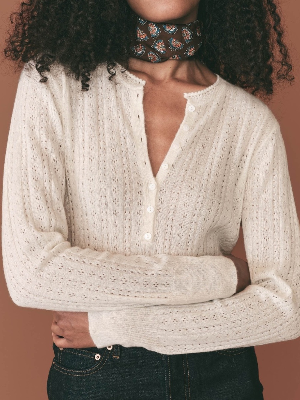 $215 DOEN Josine Pointelle Wool/Cashmere/Silk Blend Henley NWOT/sz XS